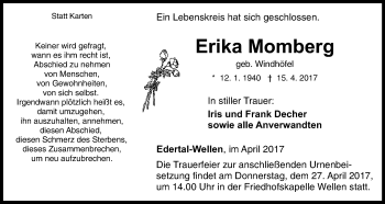 Traueranzeige von Erika Momberg von Waldeckische Landeszeitung