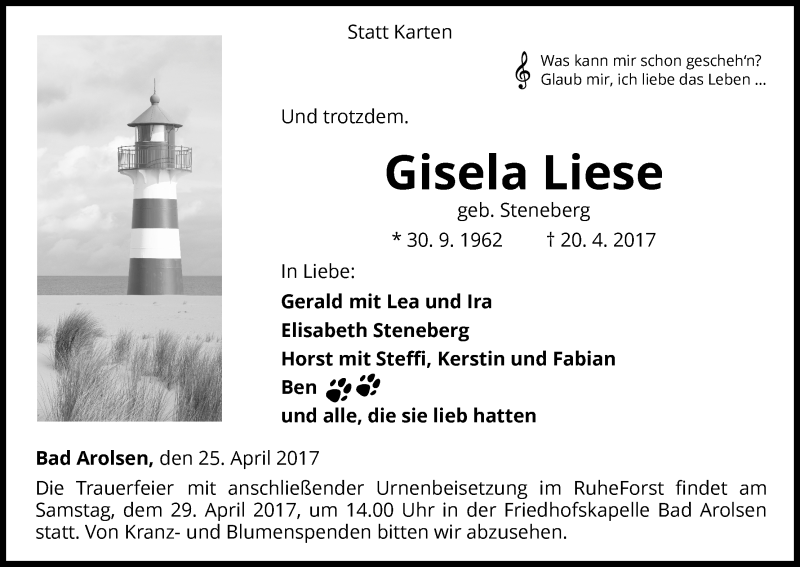  Traueranzeige für Gisela Liese vom 25.04.2017 aus Waldeckische Landeszeitung