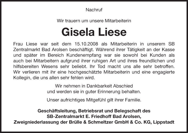  Traueranzeige für Gisela Liese vom 25.04.2017 aus Waldeckische Landeszeitung