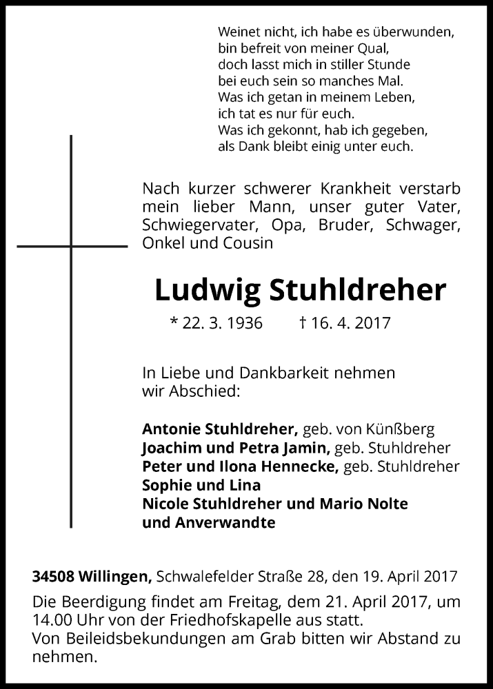  Traueranzeige für Ludwig Stuhldreher vom 19.04.2017 aus Waldeckische Landeszeitung