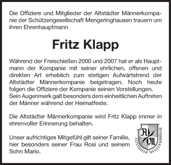 Traueranzeige von Fritz Klapp von Waldeckische Landeszeitung