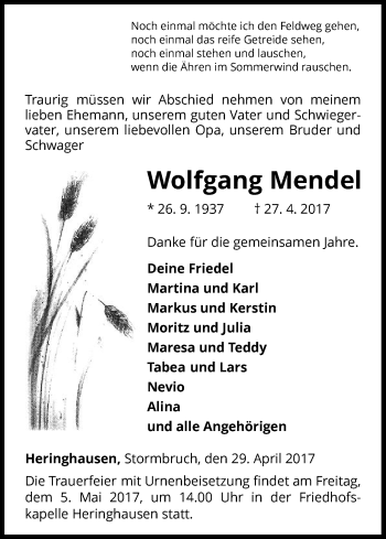 Traueranzeige von Wolfgang Mendel von Waldeckische Landeszeitung