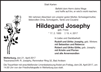 Traueranzeige von Hildegard Josephy von Waldeckische Landeszeitung