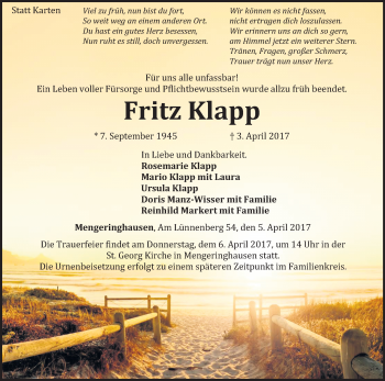 Traueranzeige von Fritz Klapp von Waldeckische Landeszeitung