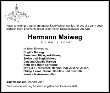 Traueranzeige von Hermann Maiweg von Waldeckische Landeszeitung