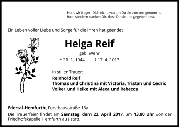 Traueranzeige von Helga Reif von Waldeckische Landeszeitung