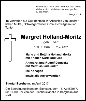 Traueranzeige von Margret Holland-Moritz von Waldeckische Landeszeitung