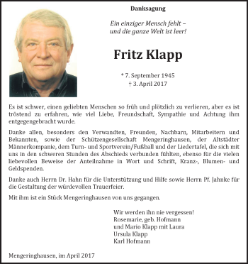 Traueranzeige von Fritz Klapp von Waldeckische Landeszeitung