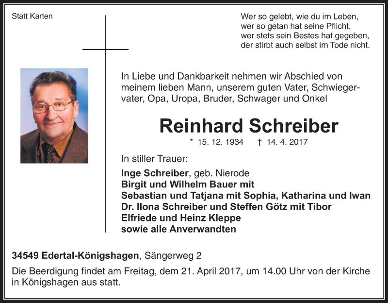  Traueranzeige für Reinhard Schreiber vom 19.04.2017 aus Waldeckische Landeszeitung