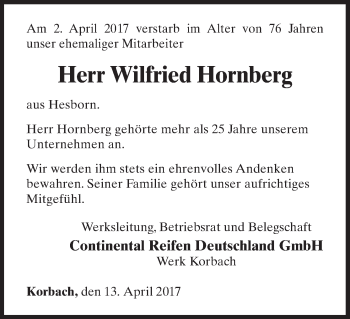 Traueranzeige von Wilfried Hornberg von Waldeckische Landeszeitung