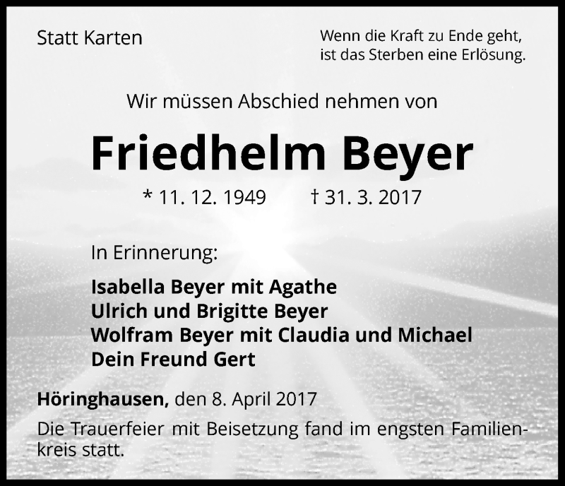  Traueranzeige für Friedhelm Beyer vom 08.04.2017 aus Waldeckische Landeszeitung