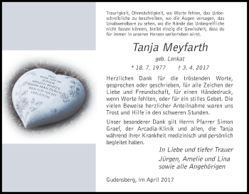 Traueranzeige von Tanja Meyfarth von Waldeckische Landeszeitung