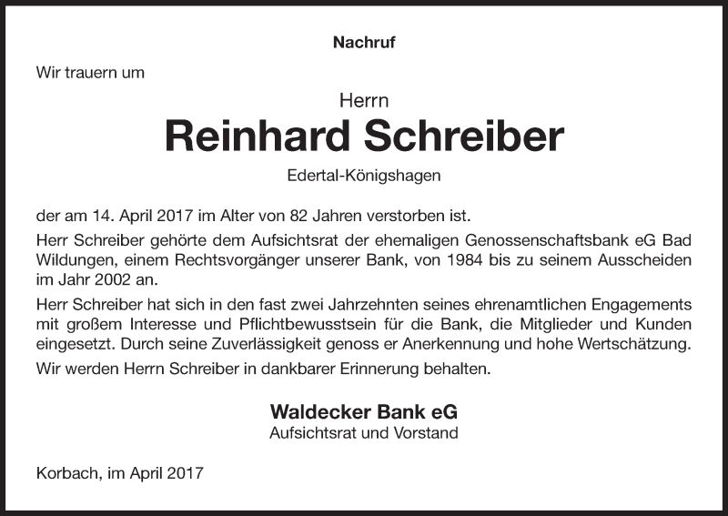  Traueranzeige für Reinhard Schreiber vom 21.04.2017 aus Waldeckische Landeszeitung