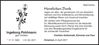 Traueranzeige von Ingeborg Pohlmann von Waldeckische Landeszeitung