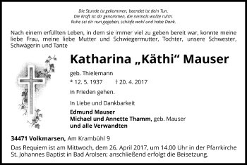 Traueranzeige von Katharina Käthi Mauser von Waldeckische Landeszeitung