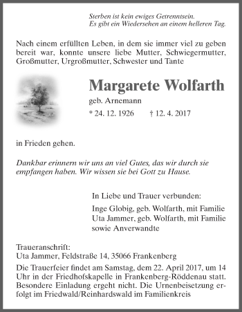 Traueranzeige von Margarete Wolfarth von Waldeckische Landeszeitung