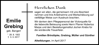 Traueranzeige von Emilie Grebing von Waldeckische Landeszeitung