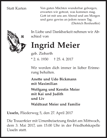 Traueranzeige von Ingrid Meier von Waldeckische Landeszeitung