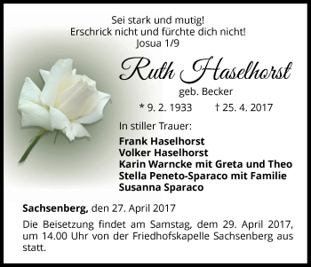 Traueranzeige von Ruth Haselhorst von Waldeckische Landeszeitung