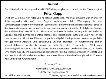 Traueranzeige von Fritz Klapp von Waldeckische Landeszeitung