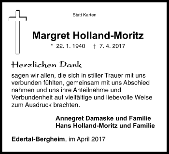 Traueranzeige von Margret Holland-Moritz von Waldeckische Landeszeitung