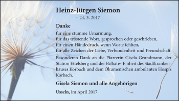 Traueranzeige von Heinz-Jürgen Siemon von Waldeckische Landeszeitung