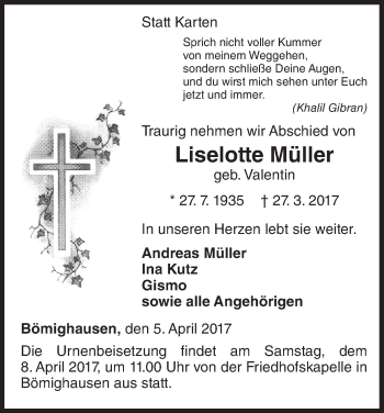 Traueranzeige von Liselotte Müller von Waldeckische Landeszeitung