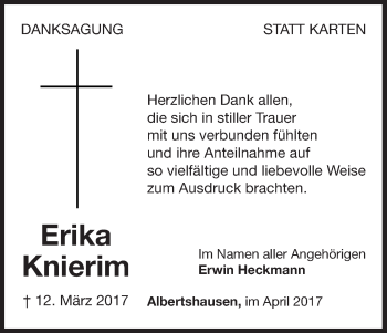 Traueranzeige von Erika Knierim von Waldeckische Landeszeitung