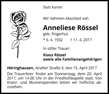 Traueranzeige von Anneliese Rössel von Waldeckische Landeszeitung