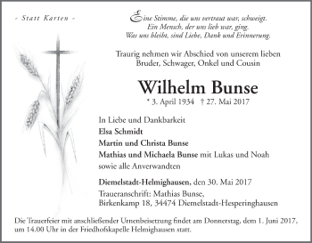 Traueranzeige von Wilhelm Bunse von Waldeckische Landeszeitung