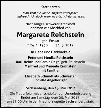 Traueranzeige von Margarete Reichstein von Waldeckische Landeszeitung