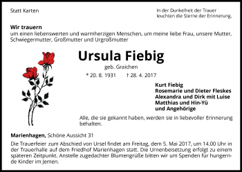 Traueranzeige von Ursula Fiebig von Waldeckische Landeszeitung