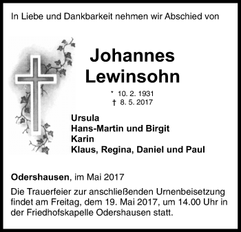 Traueranzeige von Johannes Lewinsohn von Waldeckische Landeszeitung