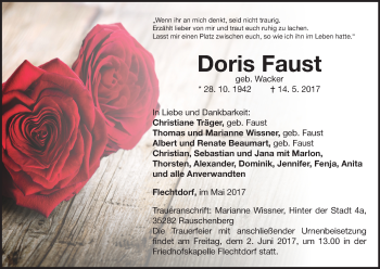 Traueranzeige von Doris Faust von Waldeckische Landeszeitung