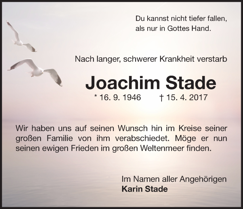  Traueranzeige für Joachim Stade vom 05.05.2017 aus Waldeckische Landeszeitung