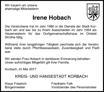 Traueranzeige von Irene Hobach von Waldeckische Landeszeitung