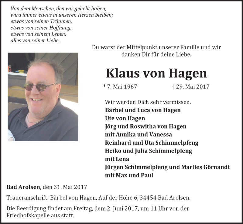  Traueranzeige für Klaus von Hagen vom 31.05.2017 aus Waldeckische Landeszeitung
