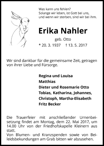 Traueranzeige von Erika Nahler von Waldeckische Landeszeitung