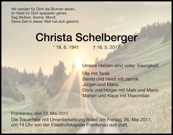 Traueranzeige von Christa Schelberger von Waldeckische Landeszeitung