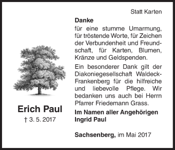 Traueranzeige von Erich Paul von Waldeckische Landeszeitung