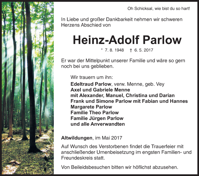  Traueranzeige für Heinz-Adolf Parlow vom 09.05.2017 aus Waldeckische Landeszeitung