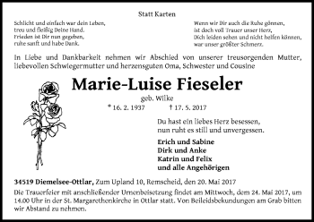 Traueranzeige von Marie-Luise Fieseler von Waldeckische Landeszeitung