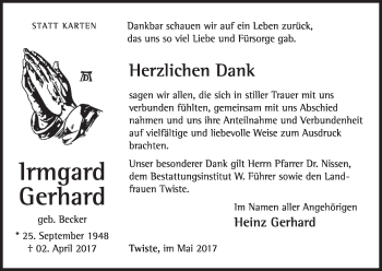 Traueranzeige von Irmgard Gerhard von Waldeckische Landeszeitung