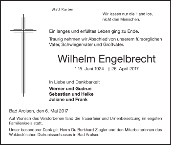 Traueranzeige von Wilhelm Engelbrecht von Waldeckische Landeszeitung