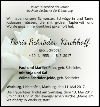 Traueranzeige von Doris Schröder-Kirchhoff von Waldeckische Landeszeitung