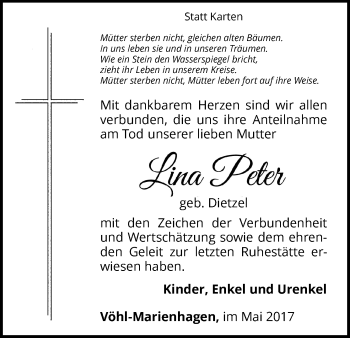 Traueranzeige von Lina Peter von Waldeckische Landeszeitung