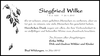 Traueranzeige von Siegfried Wilke von Waldeckische Landeszeitung