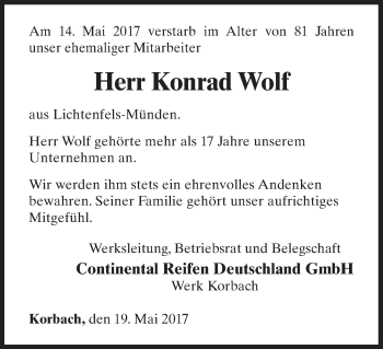 Traueranzeige von Konrad Wolf von Waldeckische Landeszeitung
