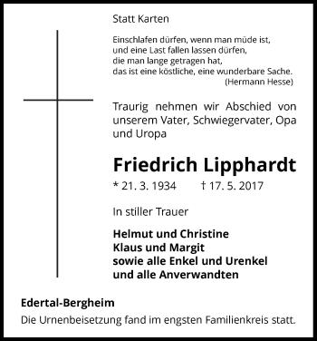 Traueranzeige von Friedrich Lipphardt von Waldeckische Landeszeitung