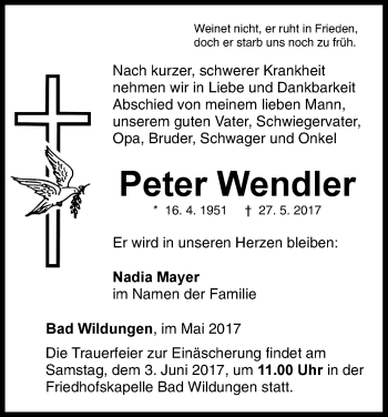 Traueranzeige von Peter Wendler von Waldeckische Landeszeitung
